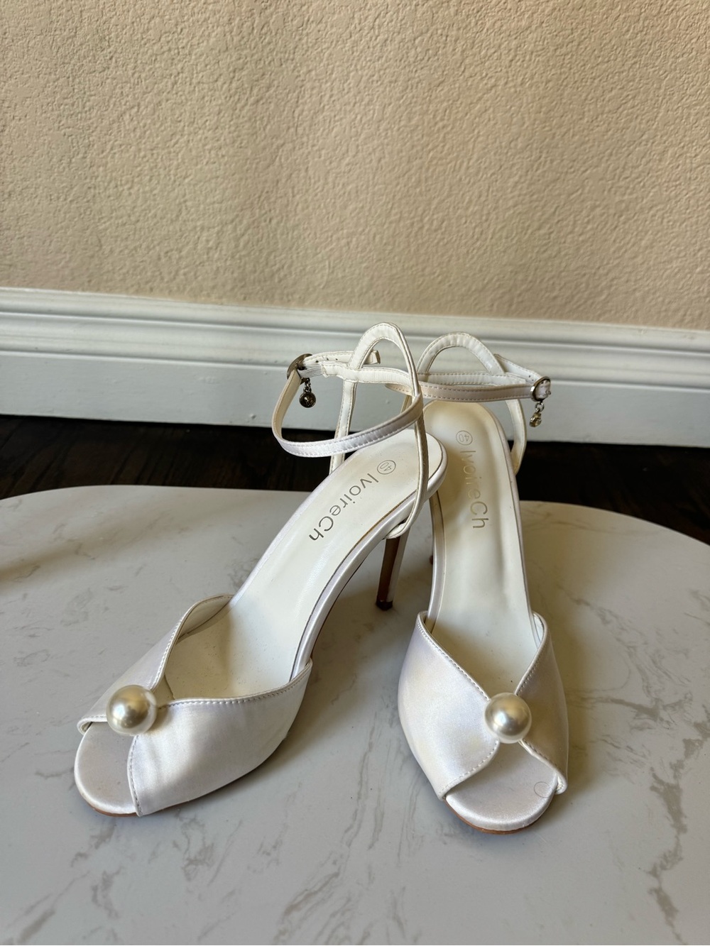 Ivory Nourison Open-Toe Pearl Ankle-Strap Heel Sandals